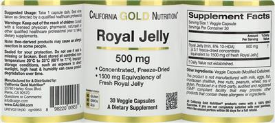 Photo of the California Gold Nutrition Royal Jelly 500 mg label
