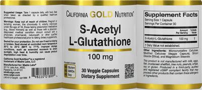 Photo of the California Gold Nutrition S-Acetyl L-Glutathione 100 mg label