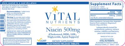 Photo of the Vital Nutrients Niacin 500 mg label
