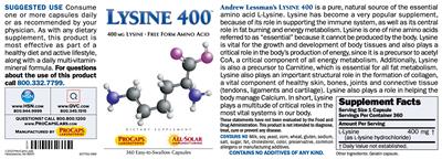 Photo of the ProCaps Laboratories Lysine 400 label
