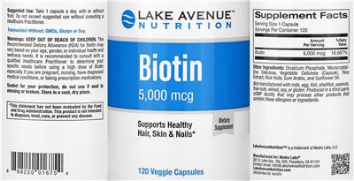 Photo of the Lake Avenue Nutrition Biotin 5,000 mcg label