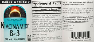 Photo of the Source Naturals Niacinamide B-3 100 mg label