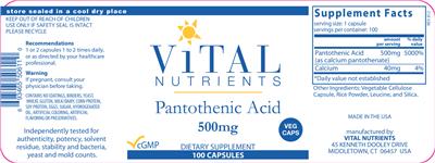 Photo of the Vital Nutrients Pantothenic Acid 500 mg label