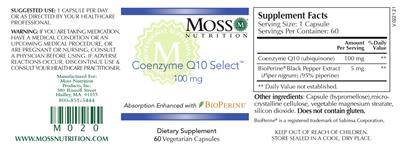 Photo of the Moss Nutrition Coenzyme Q10 Select 100 mg label