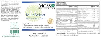 Photo of the Moss Nutrition MultiSelect (without Copper & Iron) label