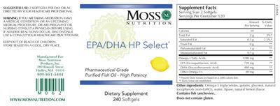 Photo of the Moss Nutrition EPA/DHA HP Select Lemon label