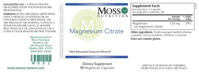 Photo of the Moss Nutrition Magnesium Citrate label