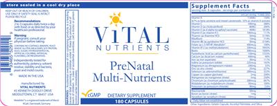 Photo of the Vital Nutrients PreNatal Multi-Nutrients label