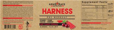 Photo of the Arms Race Nutrition Harness Tart Candy Strings label