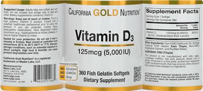 Photo of the California Gold Nutrition Vitamin D3 125 mcg (5,000 IU) label
