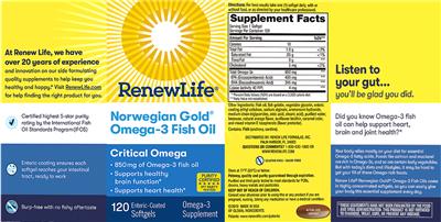 Photo of the Renew Life Norwegian Gold Omega-3 Fish Oil Critical Omega 850 mg label
