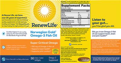 Photo of the Renew Life Norwegian Gold Omega-3 Fish Oil Super Critical Omega 950 mg label