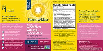 Photo of the Renew Life Ultimate Flora Women's Vaginal Probiotic 50 Billion label