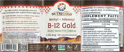 Photo of the NutriGold B-12 Gold 2,400 mcg label