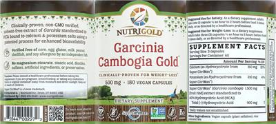 Photo of the NutriGold Garcinia Cambogia Gold 500 mg label