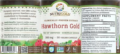 Photo of the NutriGold Hawthorn Gold 300 mg label