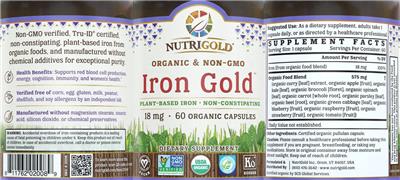 Photo of the NutriGold Iron Gold 18 mg label