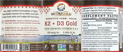 Photo of the NutriGold K2 120 mcg + D3 2,000 IU Gold label