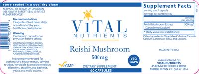 Photo of the Vital Nutrients Reishi Mushroom 500 mg label