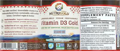Photo of the NutriGold Vitamin D3 Gold 2,500 IU label