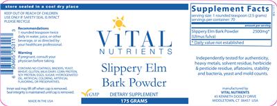 Photo of the Vital Nutrients Slippery Elm Bark Powder label