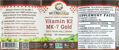 Photo of the NutriGold Vitamin K2 MK-7 Gold 120 mcg label