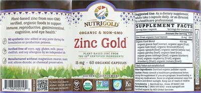 Photo of the NutriGold Zinc Gold 15 mg label