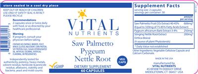 Photo of the Vital Nutrients Saw Palmetto Pygeum Nettle Root label