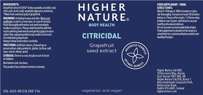 Photo of the Higher Nature Citricidal Grapefruit Seed Extract label