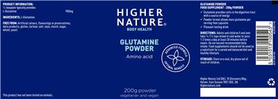 Photo of the Higher Nature Glutamine Powder label
