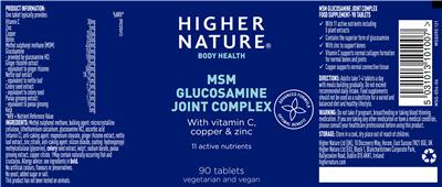 Photo of the Higher Nature MSM Glucosamine Joint Complex label