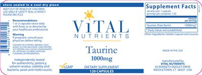 Photo of the Vital Nutrients Taurine 1000 mg label