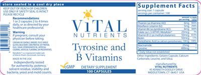 Photo of the Vital Nutrients Tyrosine and B Vitamins label