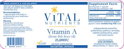 Photo of the Vital Nutrients Vitamin A (from Fish Liver Oil) 25,000 IU label