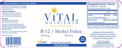 Photo of the Vital Nutrients B-12 1000 mcg / Methyl Folate 800 mcg label