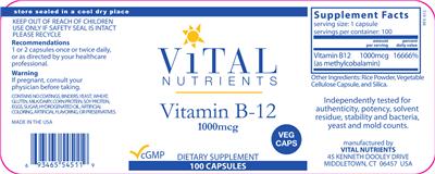 Photo of the Vital Nutrients Vitamin B-12 1000 mcg label