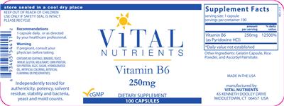 Photo of the Vital Nutrients Vitamin B6 250 mg label