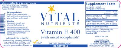 Photo of the Vital Nutrients Vitamin E 400 label
