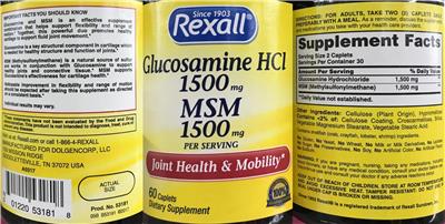 Photo of the Rexall Glucosamine HCl 1500 mg MSM 1500 mg label