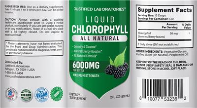 Photo of the Justified Laboratories Liquid Chlorophyll 6000 mg label