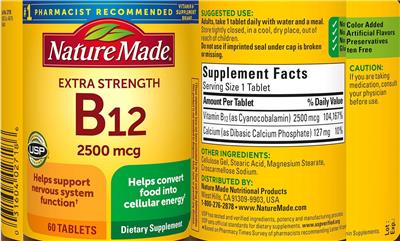 Photo of the Nature Made Extra Strength B12 2500 mcg label