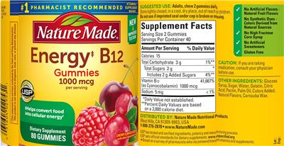 Photo of the Nature Made Energy B12 Gummies 1000 mcg label
