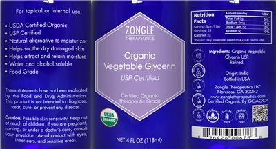 Photo of the Zongle Therapeutics Organic Vegetable Glycerin label