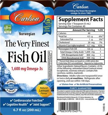 Photo of the Carlson The Very Finest Fish Oil Natural Lemon Flavor label