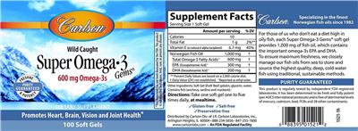 Photo of the Carlson Super Omega-3 Gems 600 mg label