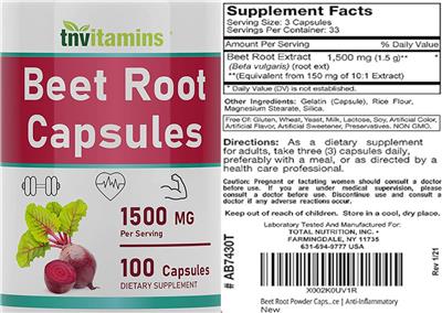 Photo of the tnvitamins Beet Root Capsules 1500 mg label