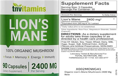 Photo of the tnvitamins Lion's Mane 2400 mg label