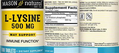 Photo of the Mason Natural L-Lysine 500 mg label