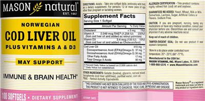Photo of the Mason Natural Norwegian Cod Liver Oil plus Vitamins A & D3 label