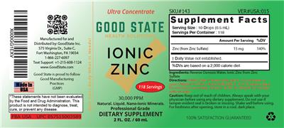 Photo of the Good State Ionic Zinc 30,000 PPM label